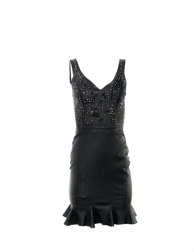 Crystals Black Leather Dress
