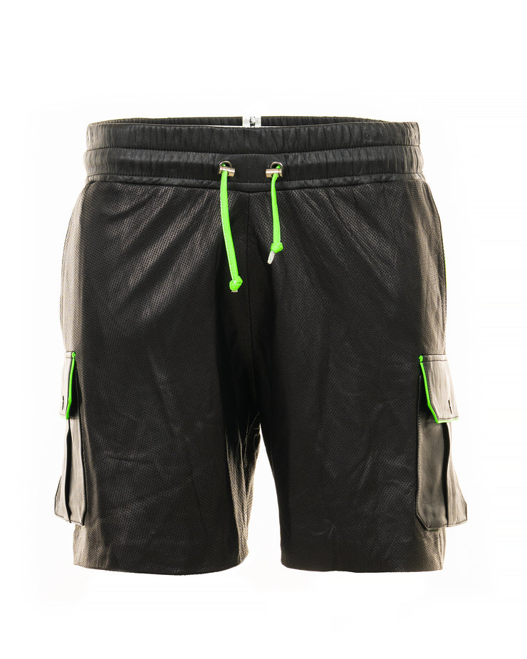 Neon perforated leather cargo shorts