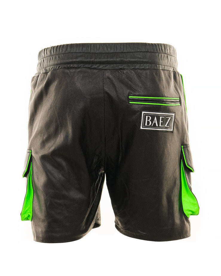 Neon perforated leather cargo shorts