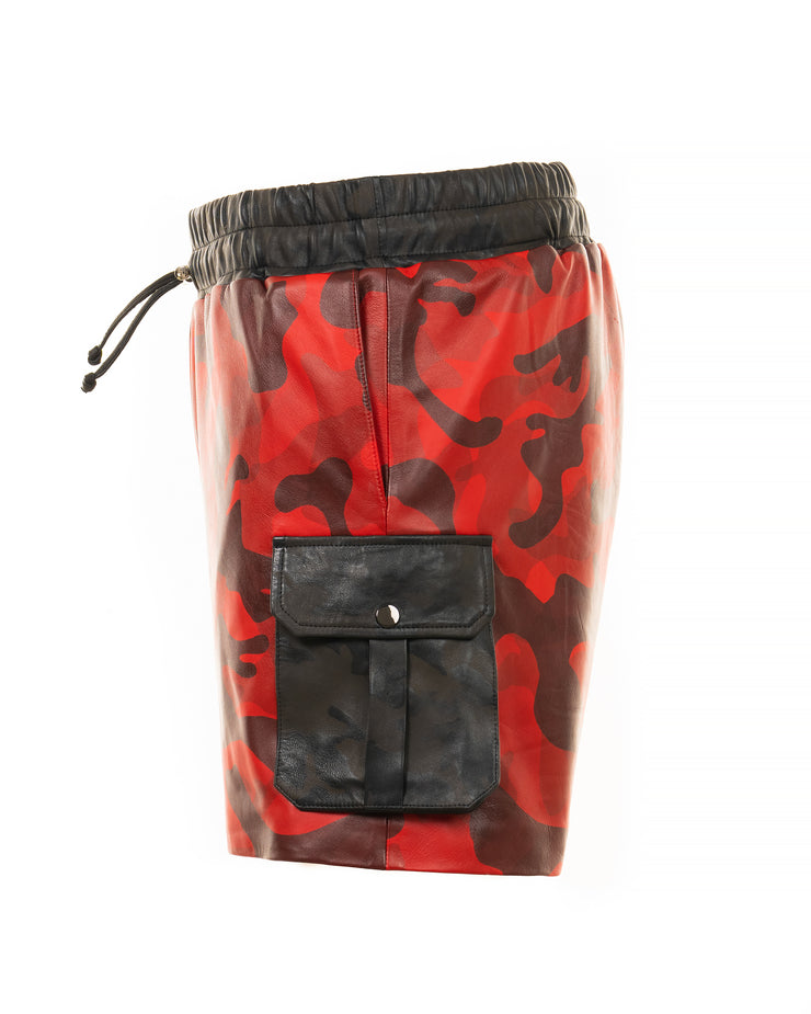Red camo leather cargo shorts